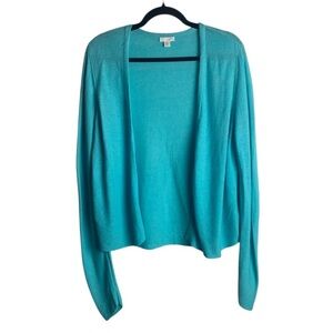 J Jill Size Medium Tall Open Front Cardigan Teal Blue Linen Blend Costal Beach